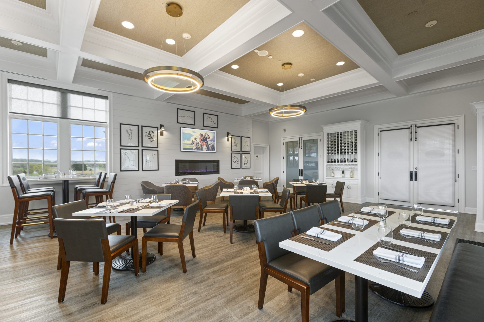 Restaurant dining room with set tables